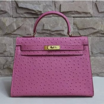 Hermes Kelly 32cm Ostrich Vein Handbag Pink Golden