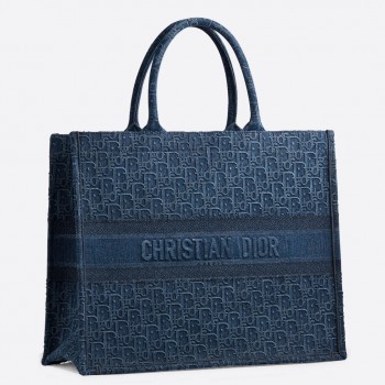 Dior Book Tote In Denim Blue Dior Oblique-embroidered Canvas