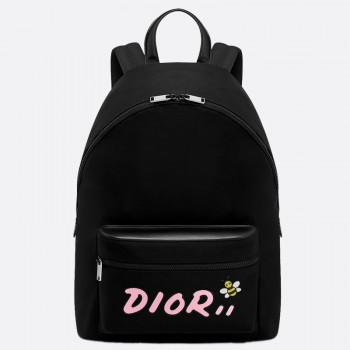 Dior X Kaws Black Nylon Backpack With Pink Dior logo