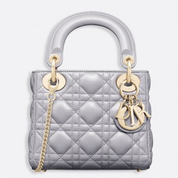 Dior Grey Pearly Lambskin Mini Lady Dior Bag With Chain