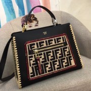 Fendi Runaway Small Python And Raffia-trimmed Black Leather Bag