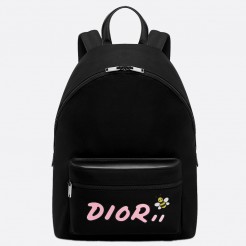 Dior X Kaws Black Nylon Backpack With Pink Dior logo